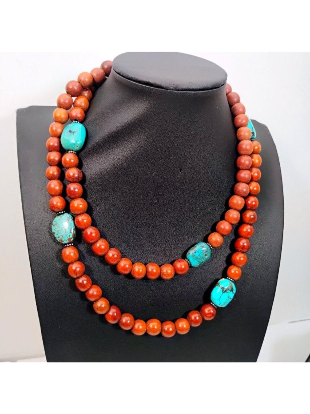 Signed Peyote Bird Designs Turquoise Nugget & Wood Bead Extra Long Necklace 36" - Picture 2 of 10